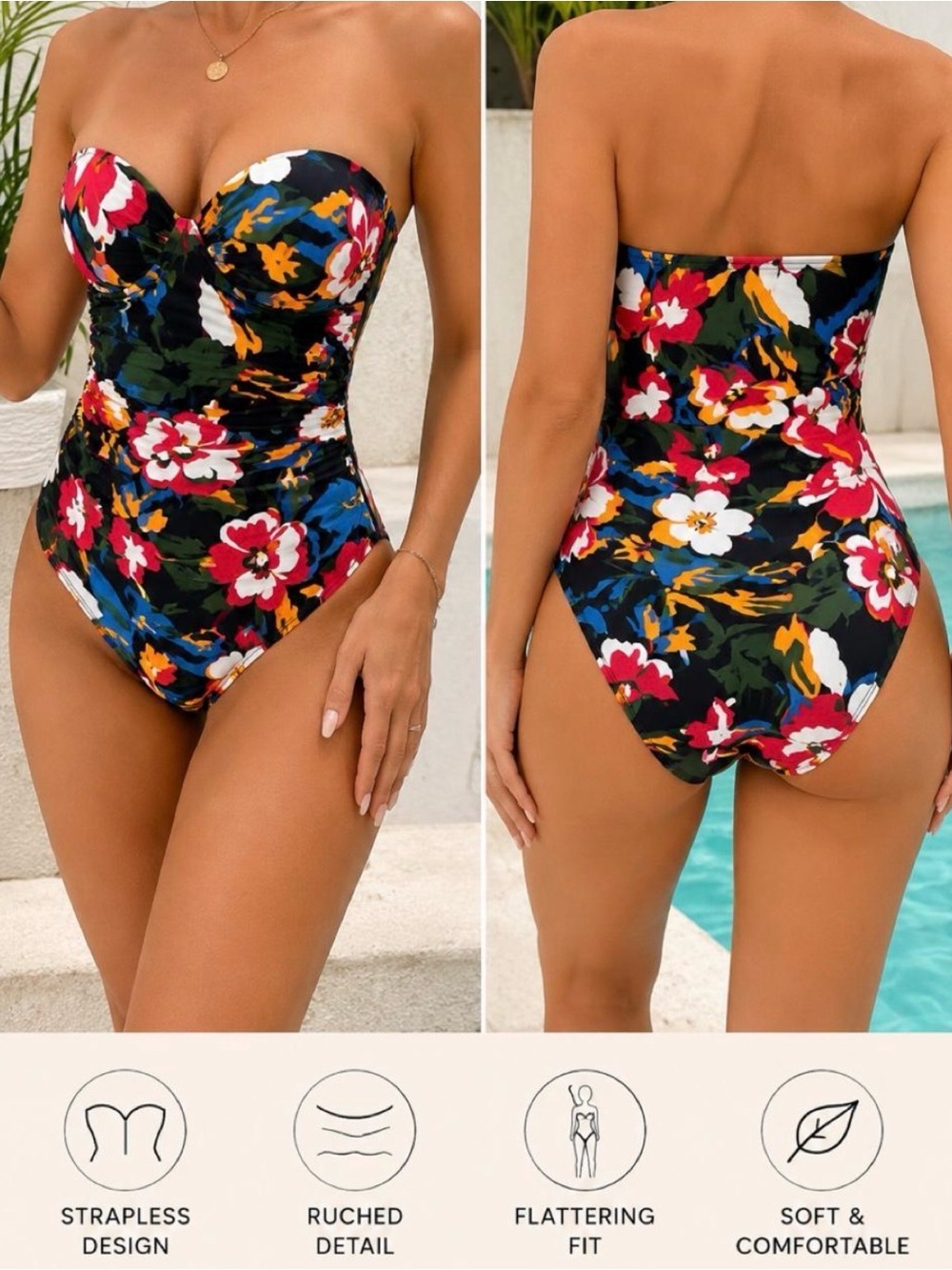 Anne Cole Strapless Floral One-Piece Swimsuit - Black Multicolor